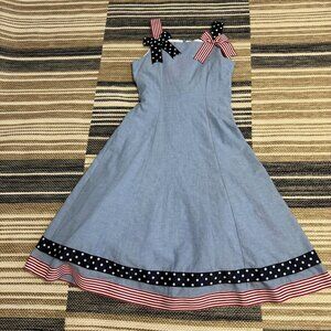 Bonnie Jean Girls Patriotic  A Line Dress Bow Straps Cotton Lined Blue Size 10